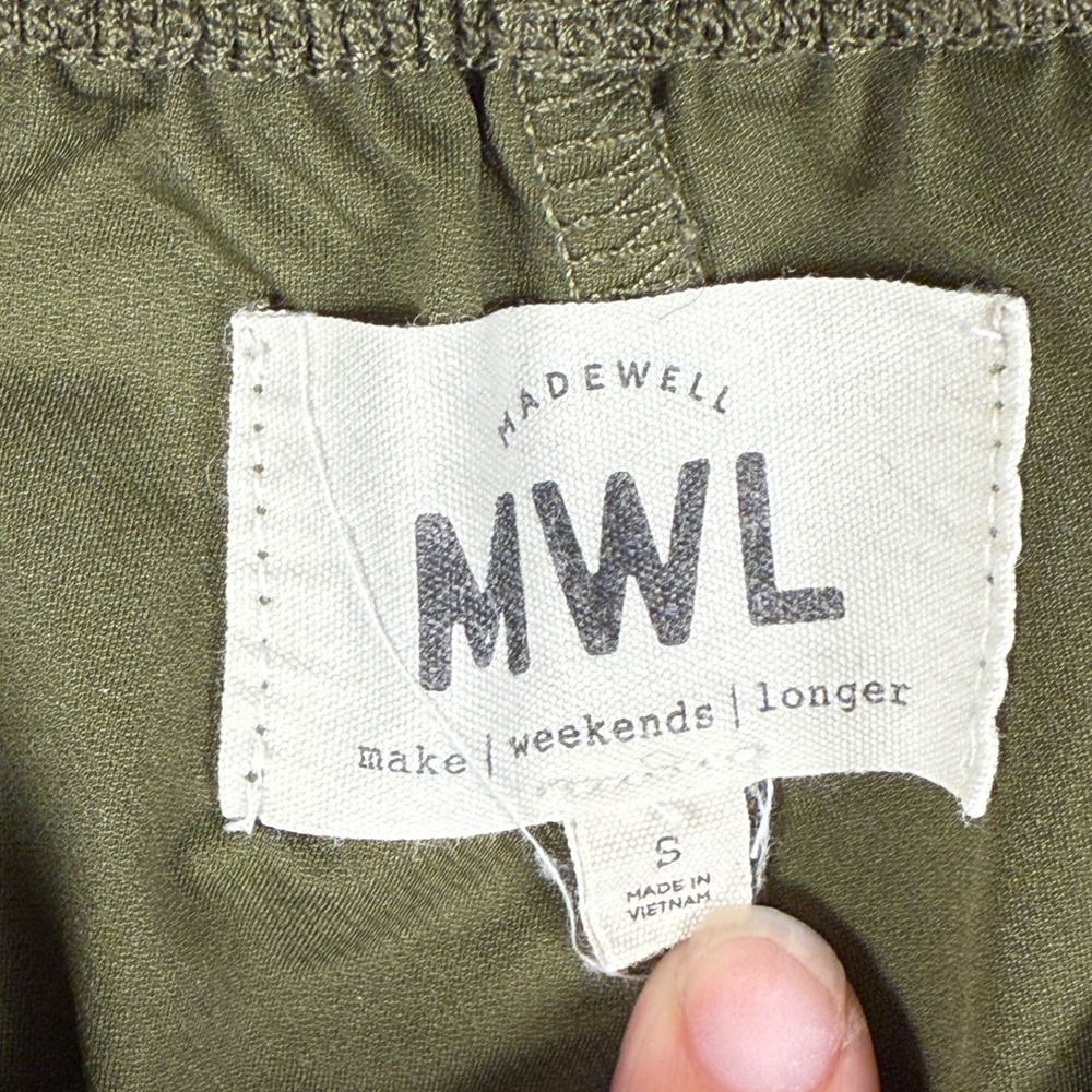 Madewell‎ MWL Olive Green Canvas Athletic Shorts Size S Elastic Waist Logo Band - Picture 3 of 7